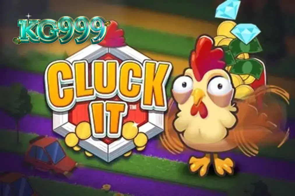 Cluck It স্লট গেমের স্ক্রিনশট যেখানে একটি মুরগি মাল্টিপ্লায়ার কয়েনের উপর দিয়ে লাফিয়ে যাচ্ছে, পেছনে একটি গ্রামীণ খামারের দৃশ্য।